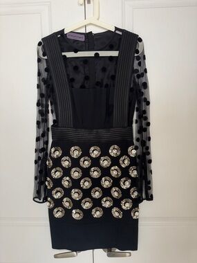 Emanuel Ungaro Black Long-Sleeve Polka Mesh Dress with Gold Sequin Rosettes